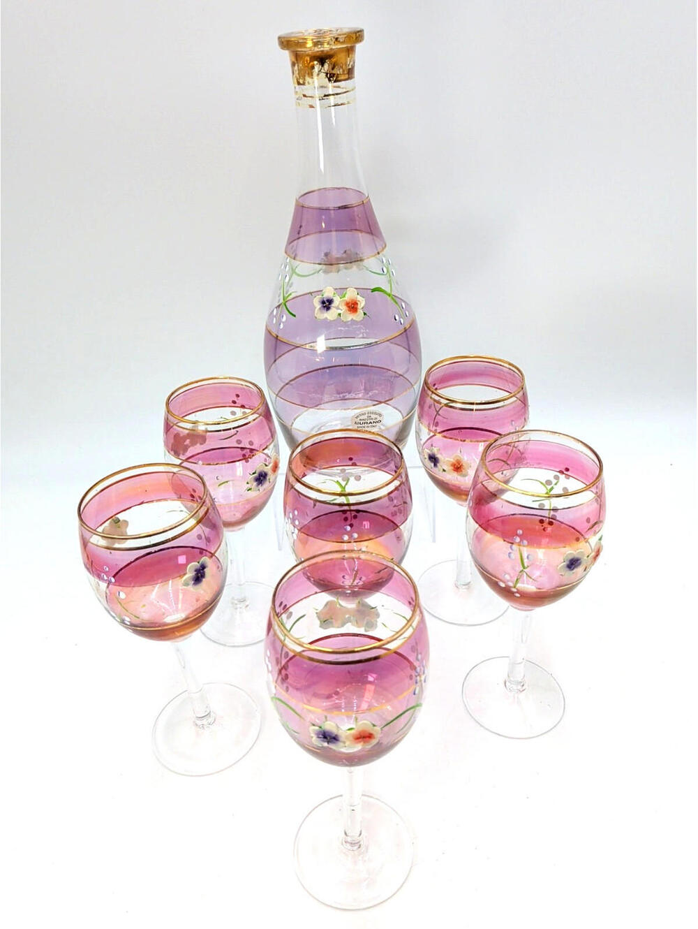 MURANO GLASS Decanter 8 Pieces 24K Gold Leaf Red Liqueur Wine Glasses Handblown